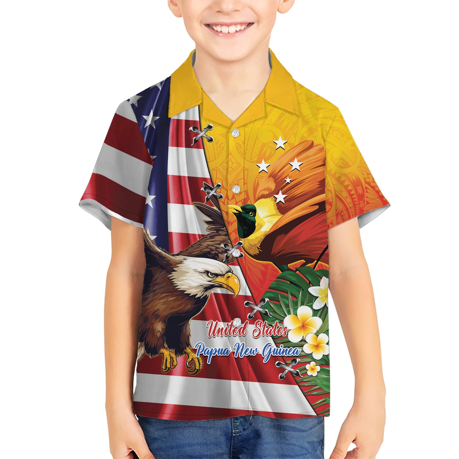 Personalised United States And Papua New Guinea Kid Hawaiian Shirt USA Eagle With PNG Bird Of Paradise