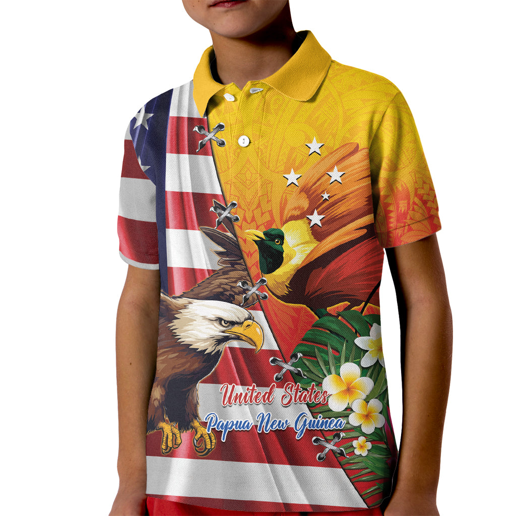 Personalised United States And Papua New Guinea Kid Polo Shirt USA Eagle With PNG Bird Of Paradise