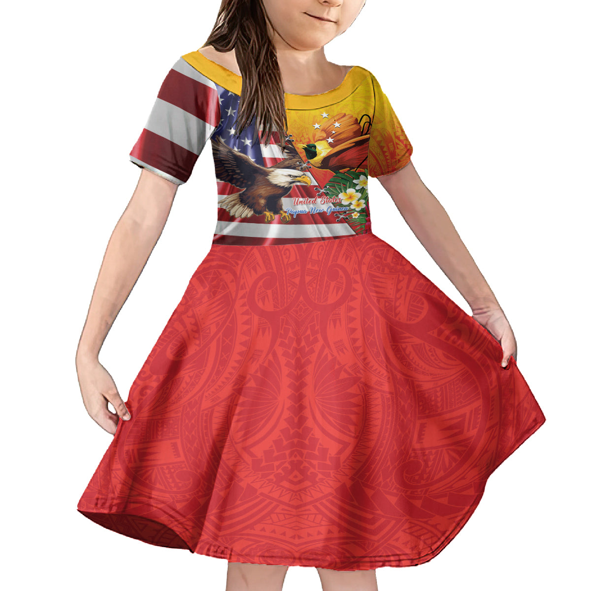 Personalised United States And Papua New Guinea Kid Short Sleeve Dress USA Eagle With PNG Bird Of Paradise LT14 KID Red - Polynesian Pride