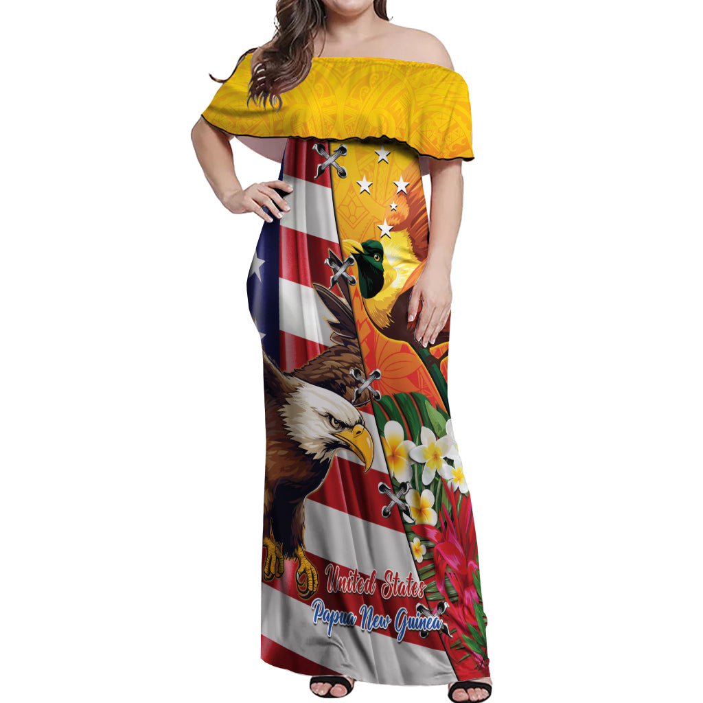 Personalised United States And Papua New Guinea Off Shoulder Maxi Dress USA Eagle With PNG Bird Of Paradise