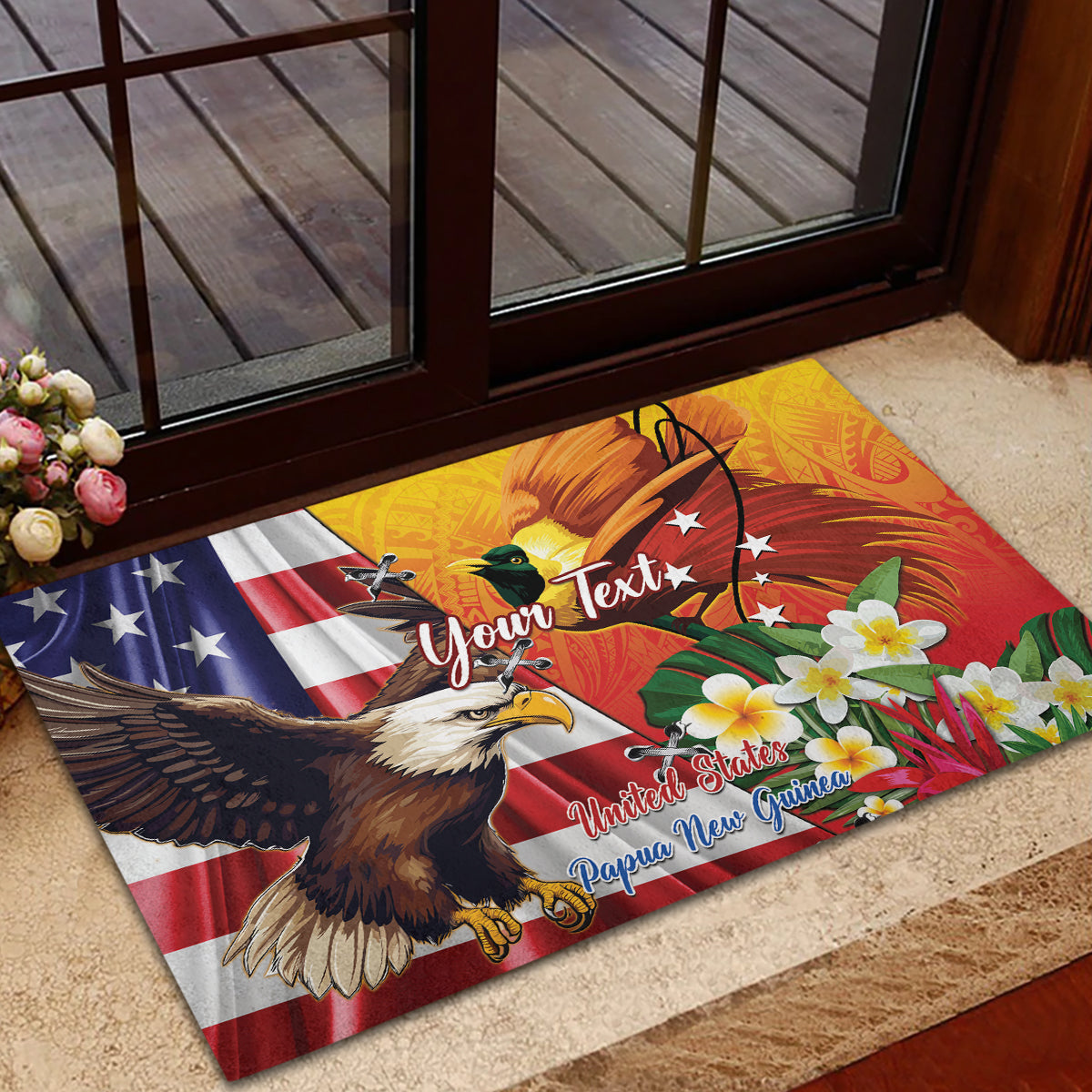 Personalised United States And Papua New Guinea Rubber Doormat USA Eagle With PNG Bird Of Paradise