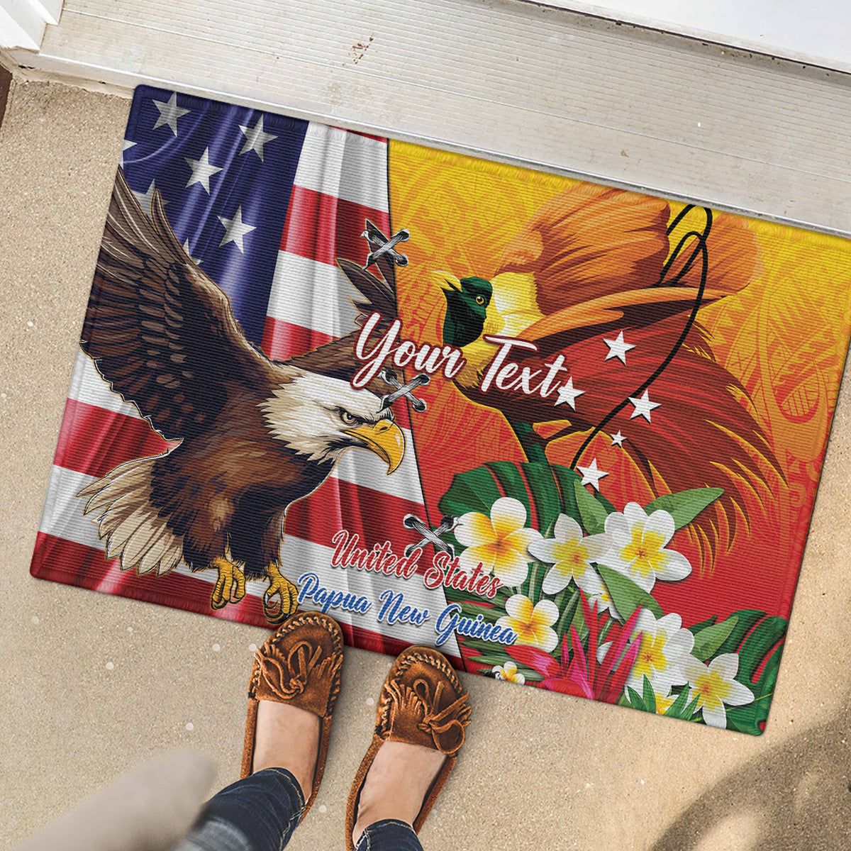 Personalised United States And Papua New Guinea Rubber Doormat USA Eagle With PNG Bird Of Paradise