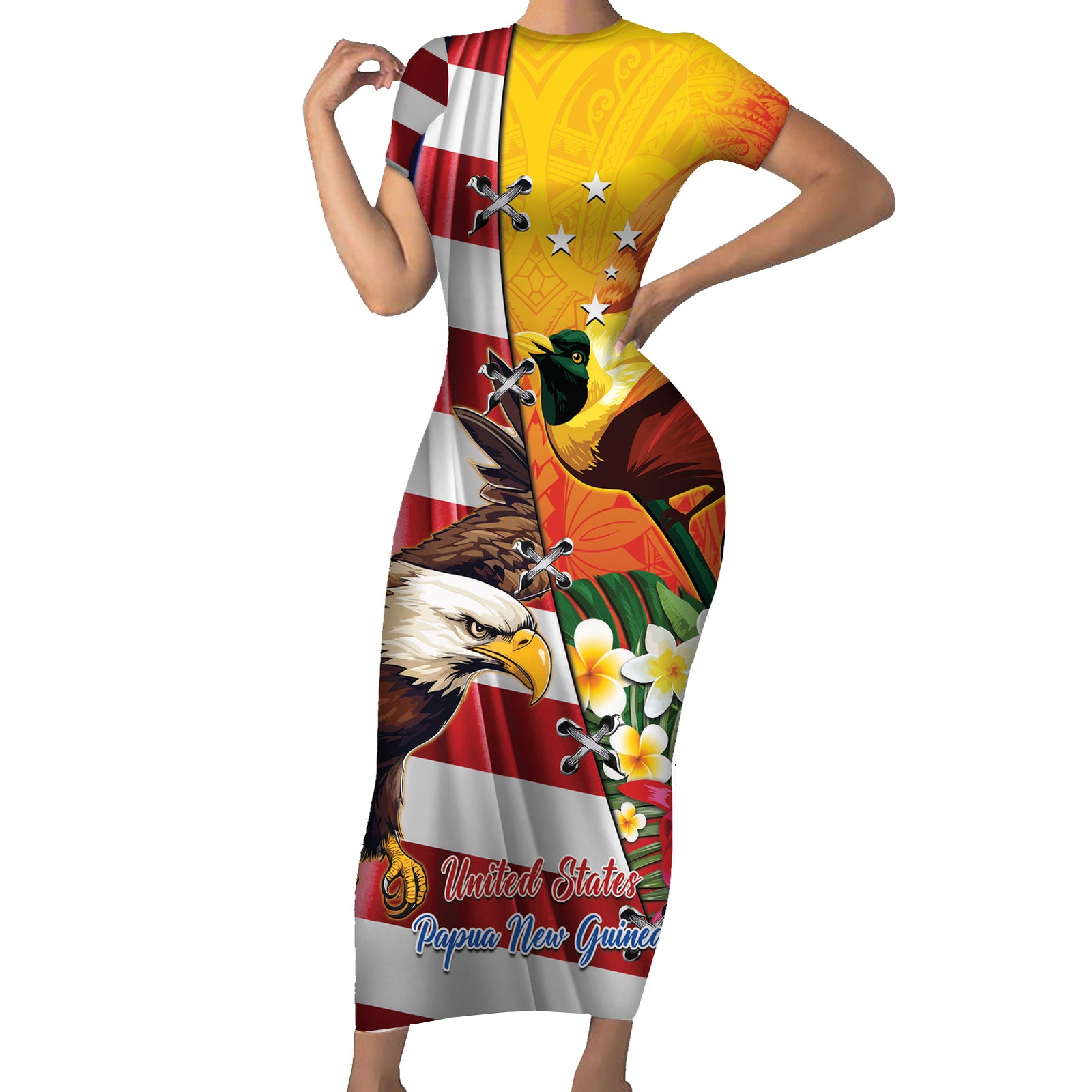 Personalised United States And Papua New Guinea Short Sleeve Bodycon Dress USA Eagle With PNG Bird Of Paradise