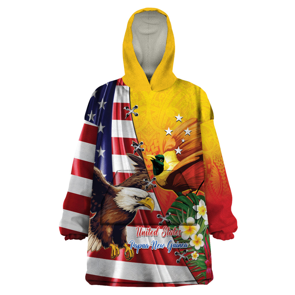 Personalised United States And Papua New Guinea Wearable Blanket Hoodie USA Eagle With PNG Bird Of Paradise