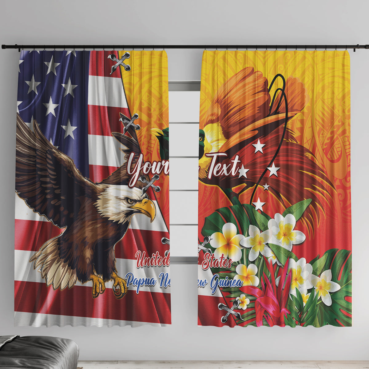 Personalised United States And Papua New Guinea Window Curtain USA Eagle With PNG Bird Of Paradise LT14 With Hooks Red - Polynesian Pride