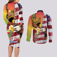 Personalised United States And Hawaii Couples Matching Long Sleeve Bodycon Dress and Long Sleeve Button Shirt USA Eagle With Hawaiian Shark Tattoo