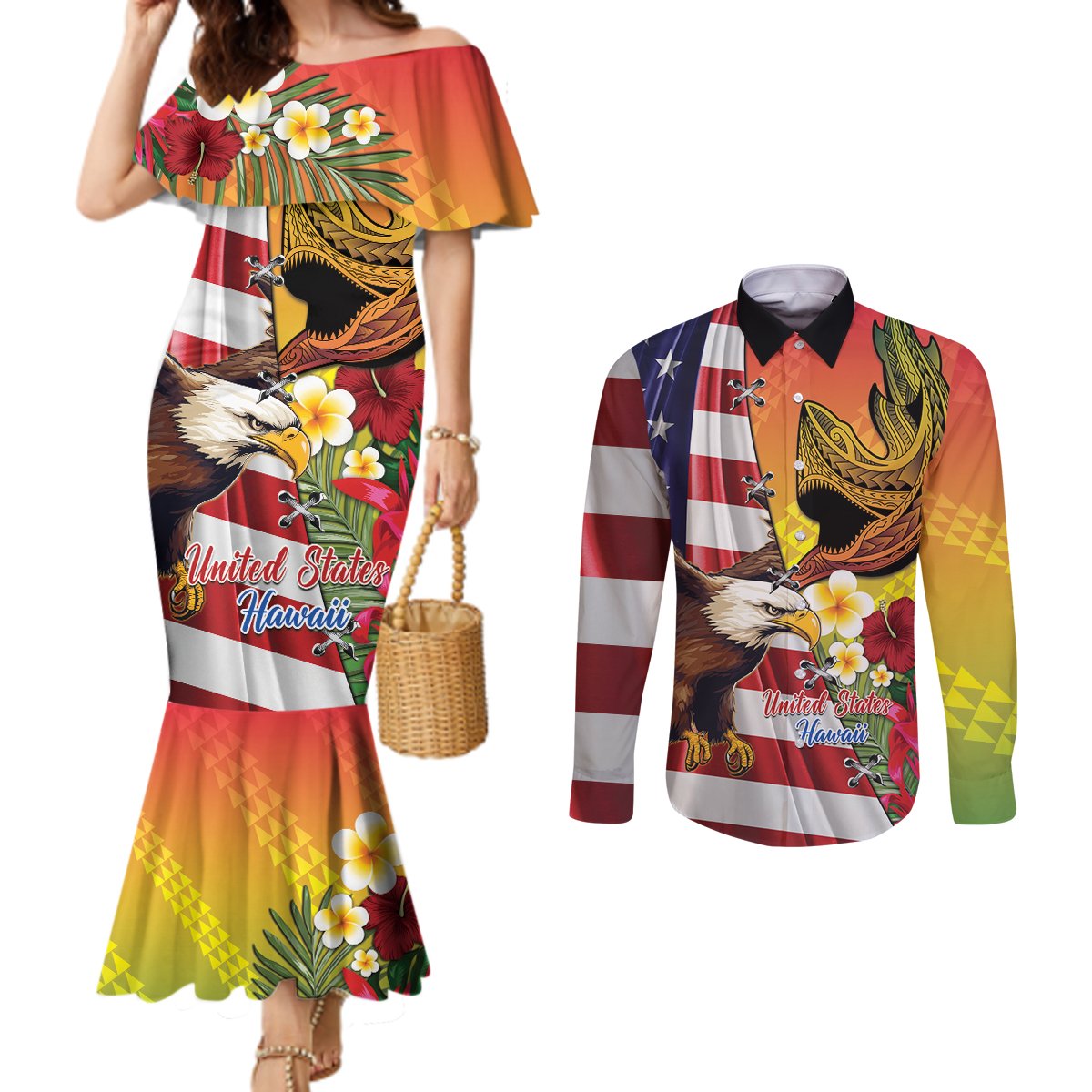 Personalised United States And Hawaii Couples Matching Mermaid Dress and Long Sleeve Button Shirt USA Eagle With Hawaiian Shark Tattoo LT14 Red - Polynesian Pride