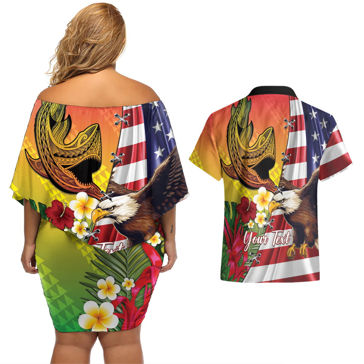 Personalised United States And Hawaii Couples Matching Off Shoulder Short Dress and Hawaiian Shirt USA Eagle With Hawaiian Shark Tattoo