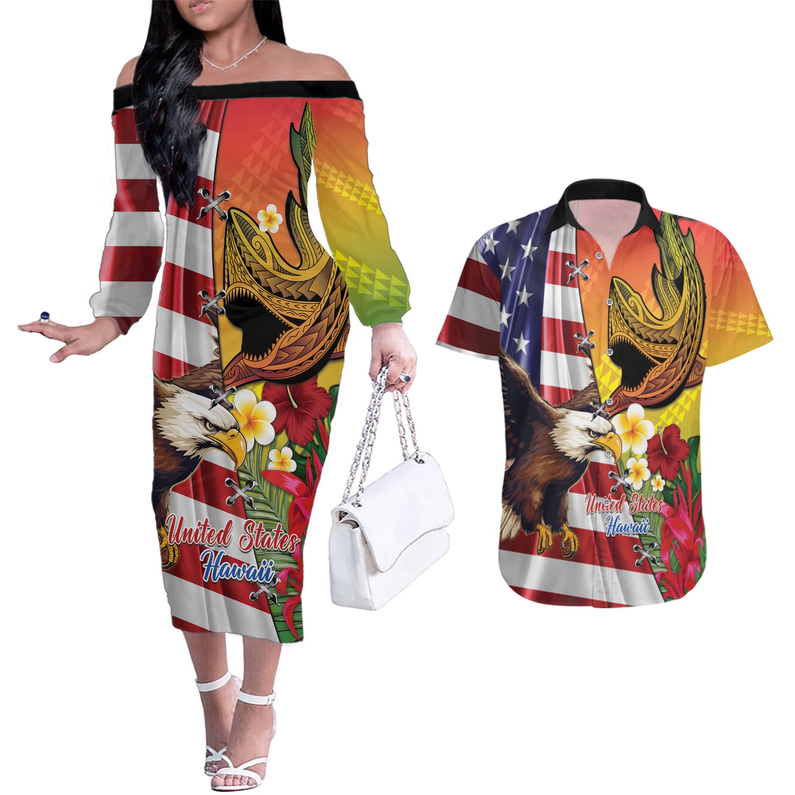 Personalised United States And Hawaii Couples Matching Off The Shoulder Long Sleeve Dress and Hawaiian Shirt USA Eagle With Hawaiian Shark Tattoo LT14 Red - Polynesian Pride