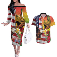 Personalised United States And Hawaii Couples Matching Off The Shoulder Long Sleeve Dress and Hawaiian Shirt USA Eagle With Hawaiian Shark Tattoo