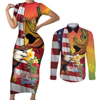 Personalised United States And Hawaii Couples Matching Short Sleeve Bodycon Dress and Long Sleeve Button Shirt USA Eagle With Hawaiian Shark Tattoo