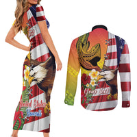 Personalised United States And Hawaii Couples Matching Short Sleeve Bodycon Dress and Long Sleeve Button Shirt USA Eagle With Hawaiian Shark Tattoo