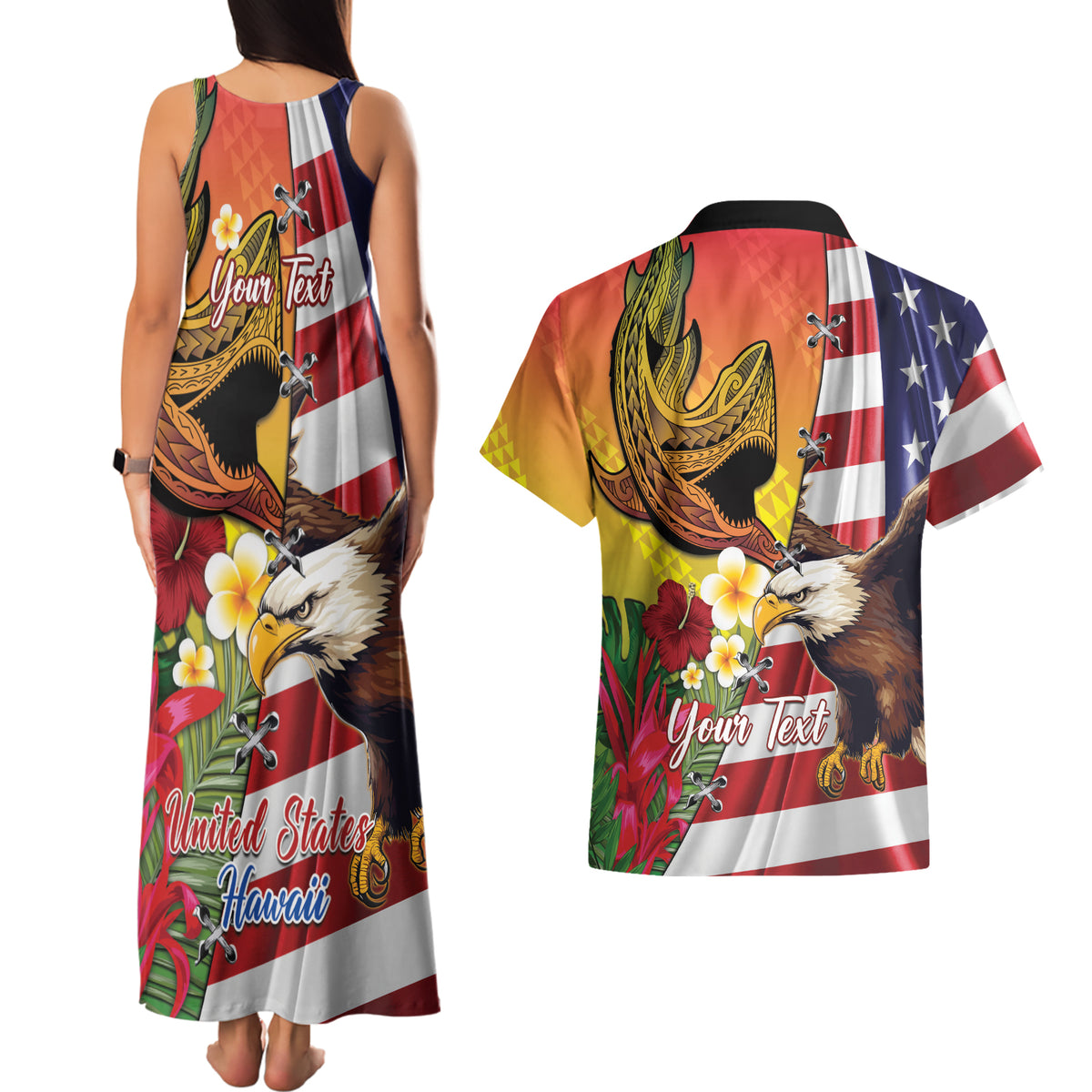 Personalised United States And Hawaii Couples Matching Tank Maxi Dress and Hawaiian Shirt USA Eagle With Hawaiian Shark Tattoo