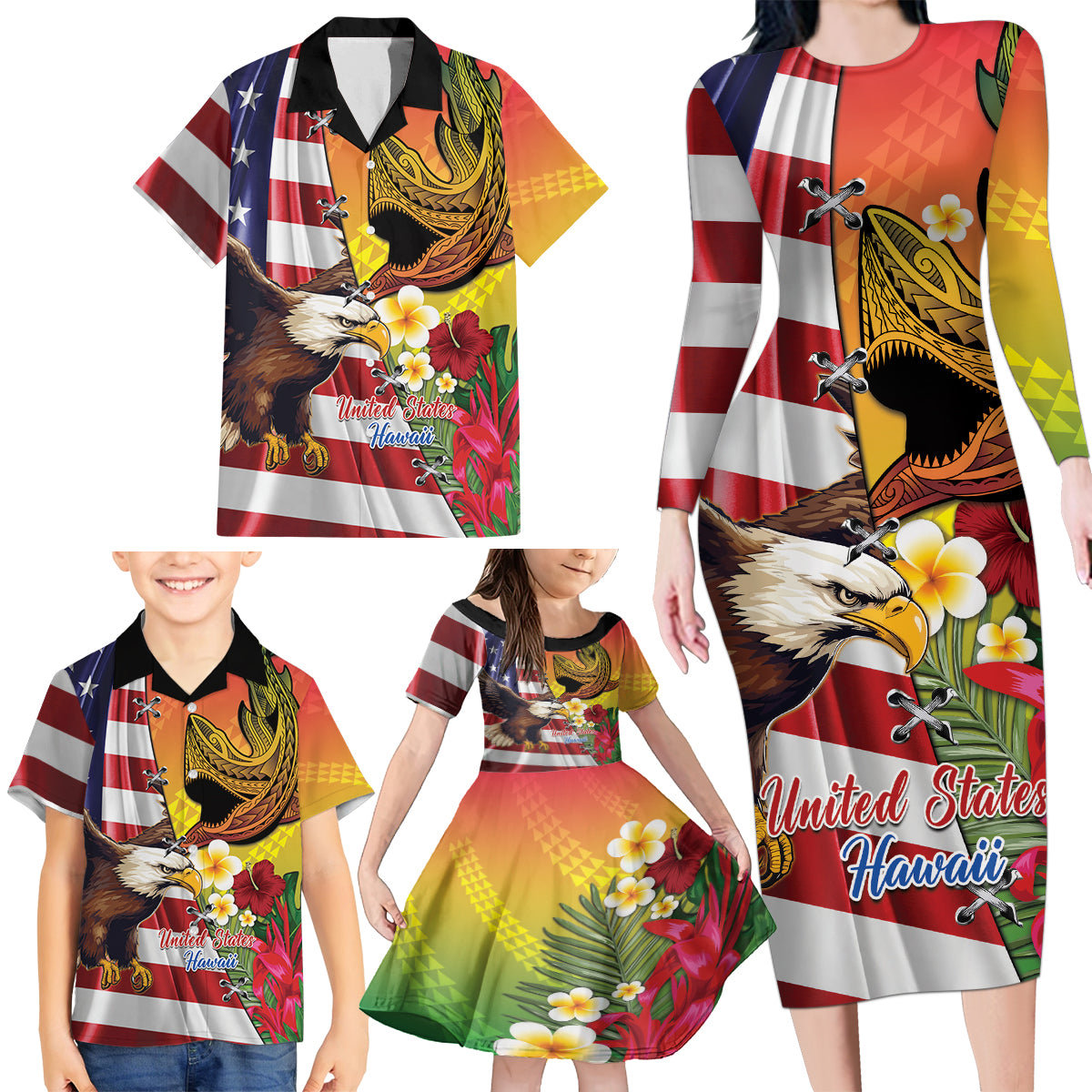 Personalised United States And Hawaii Family Matching Long Sleeve Bodycon Dress and Hawaiian Shirt USA Eagle With Hawaiian Shark Tattoo