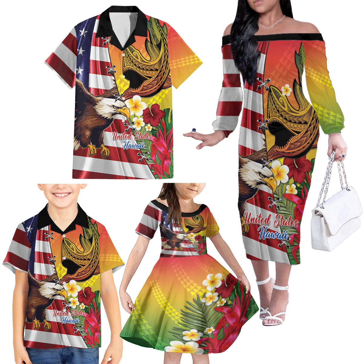 Personalised United States And Hawaii Family Matching Off The Shoulder Long Sleeve Dress and Hawaiian Shirt USA Eagle With Hawaiian Shark Tattoo LT14 - Polynesian Pride