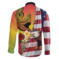 Personalised United States And Hawaii Family Matching Off The Shoulder Long Sleeve Dress and Hawaiian Shirt USA Eagle With Hawaiian Shark Tattoo LT14 - Polynesian Pride