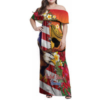 Personalised United States And Hawaii Family Matching Off Shoulder Maxi Dress and Hawaiian Shirt USA Eagle With Hawaiian Shark Tattoo
