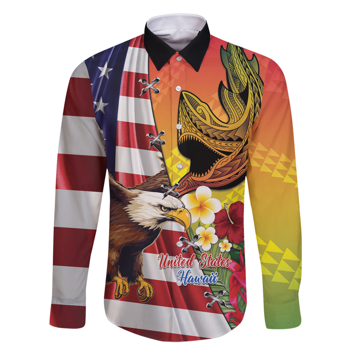 Personalised United States And Hawaii Family Matching Off Shoulder Short Dress and Hawaiian Shirt USA Eagle With Hawaiian Shark Tattoo LT14 Dad's Shirt - Long Sleeve Red - Polynesian Pride