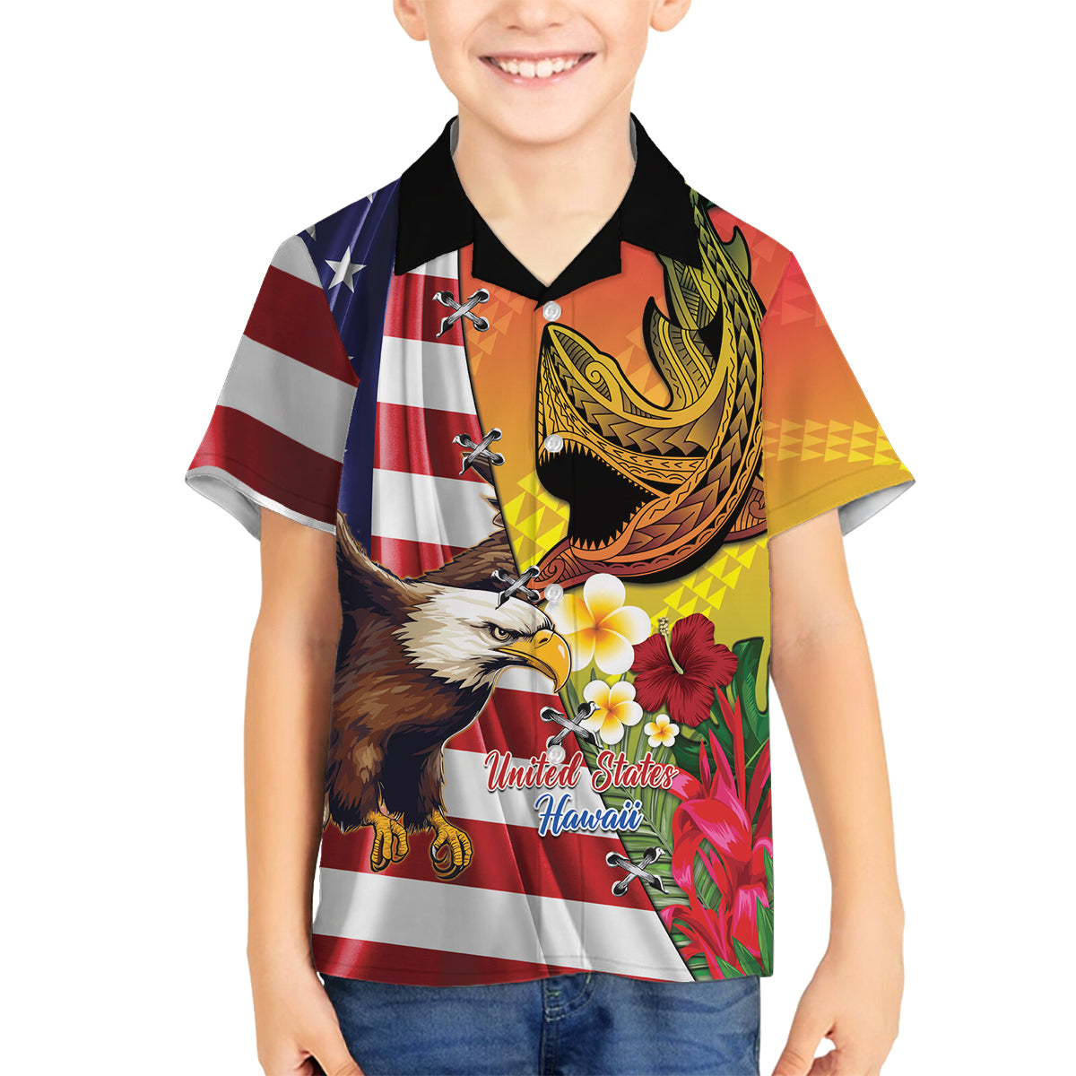 Personalised United States And Hawaii Family Matching Off Shoulder Short Dress and Hawaiian Shirt USA Eagle With Hawaiian Shark Tattoo LT14 Son's Shirt Red - Polynesian Pride