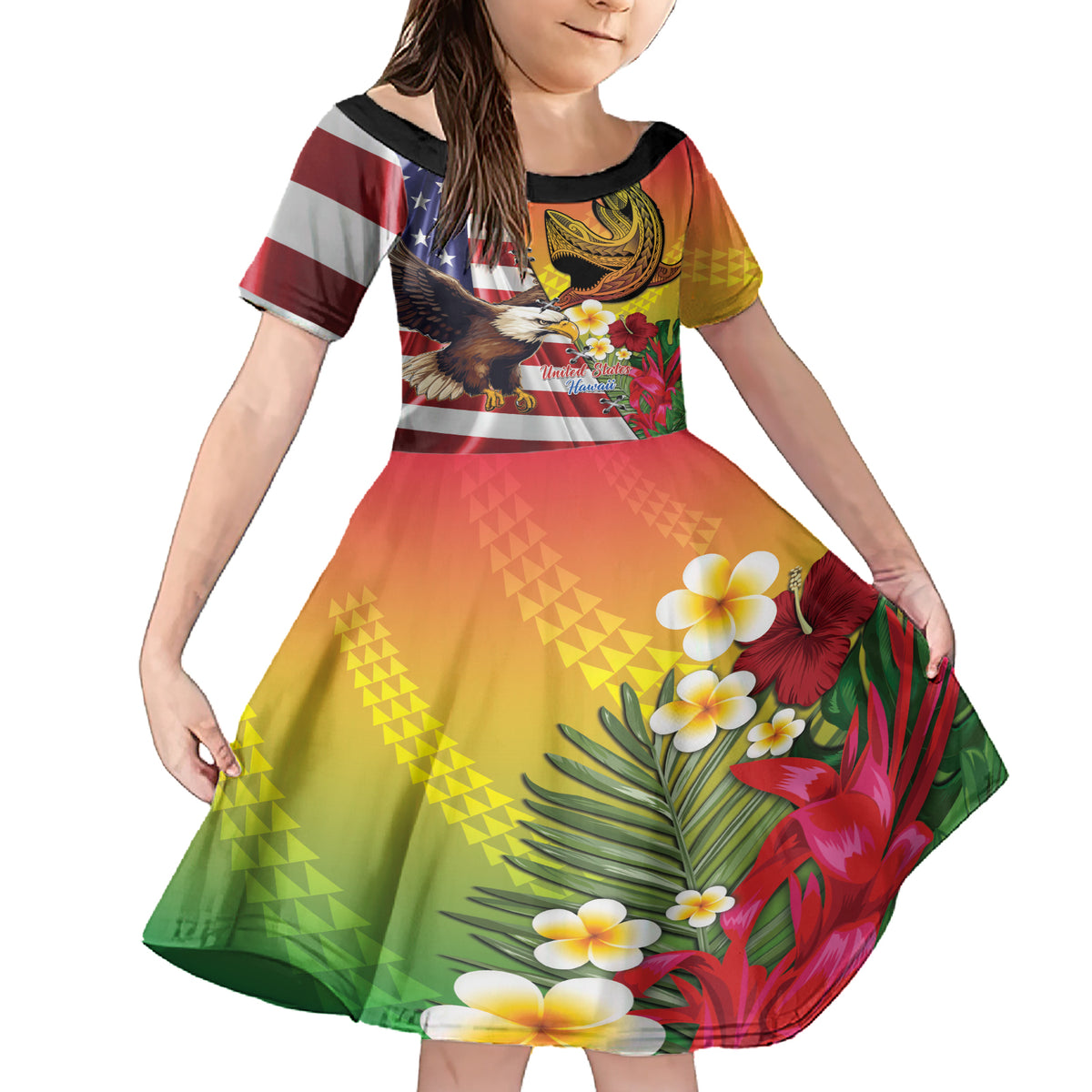 Personalised United States And Hawaii Family Matching Short Sleeve Bodycon Dress and Hawaiian Shirt USA Eagle With Hawaiian Shark Tattoo