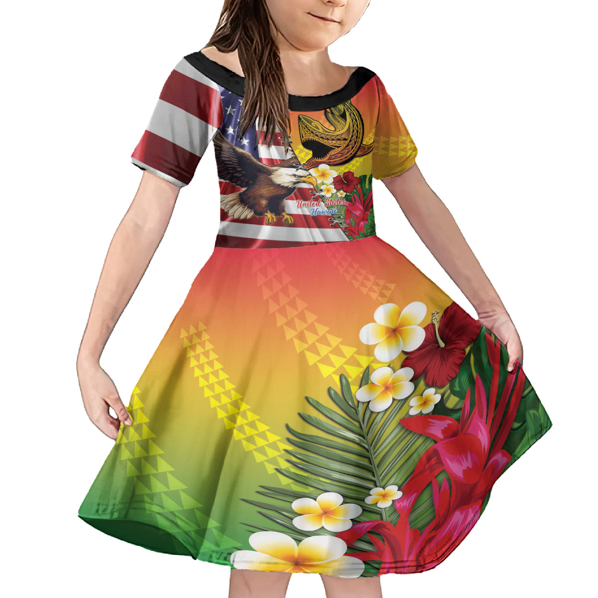 Personalised United States And Hawaii Family Matching Summer Maxi Dress and Hawaiian Shirt USA Eagle With Hawaiian Shark Tattoo LT14 Daughter's Dress Red - Polynesian Pride