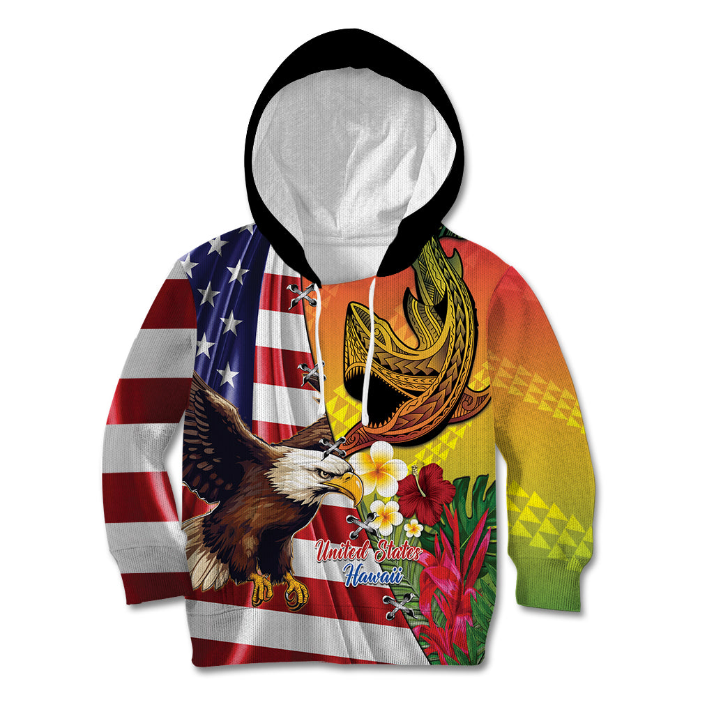 Personalised United States And Hawaii Kid Hoodie USA Eagle With Hawaiian Shark Tattoo