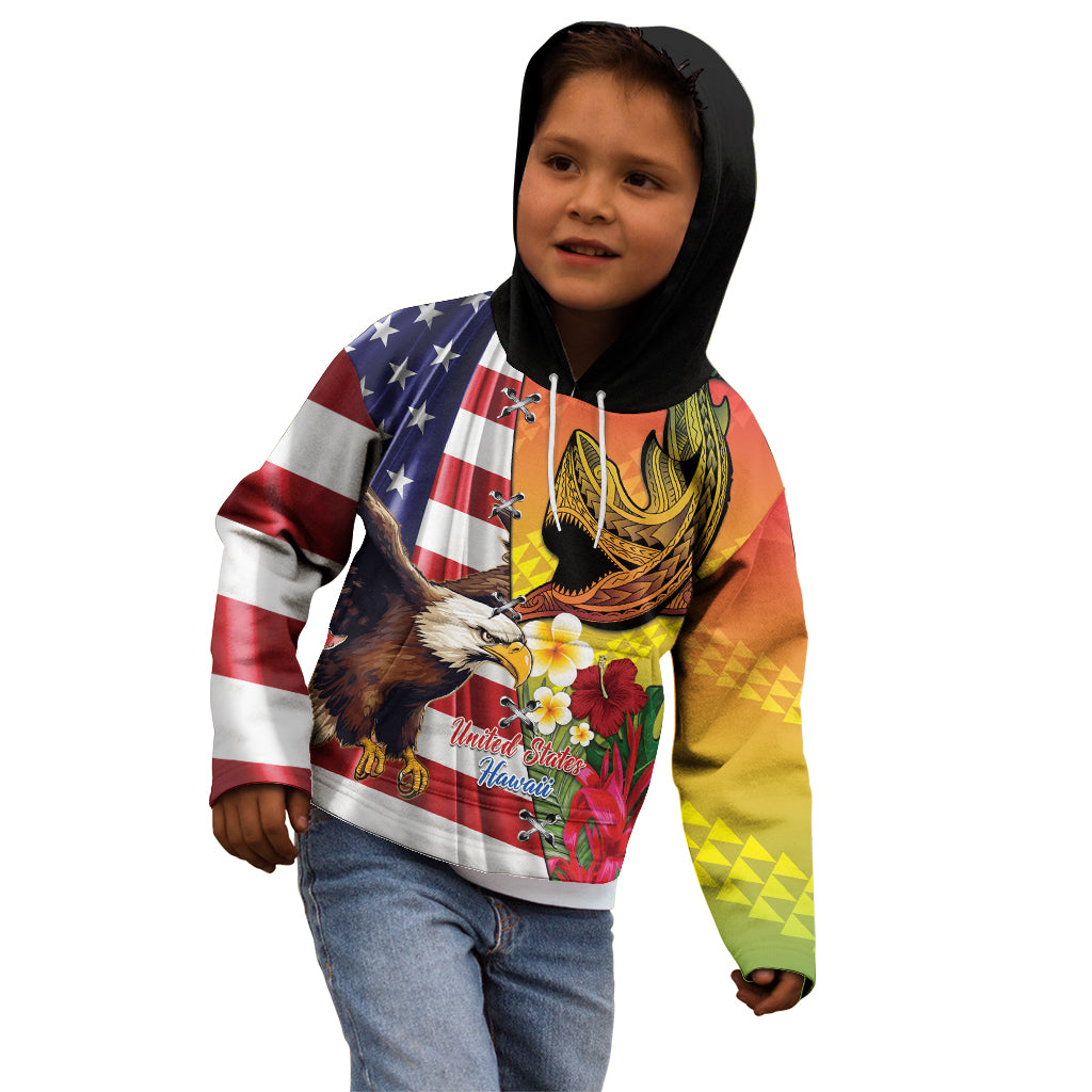 Personalised United States And Hawaii Kid Hoodie USA Eagle With Hawaiian Shark Tattoo
