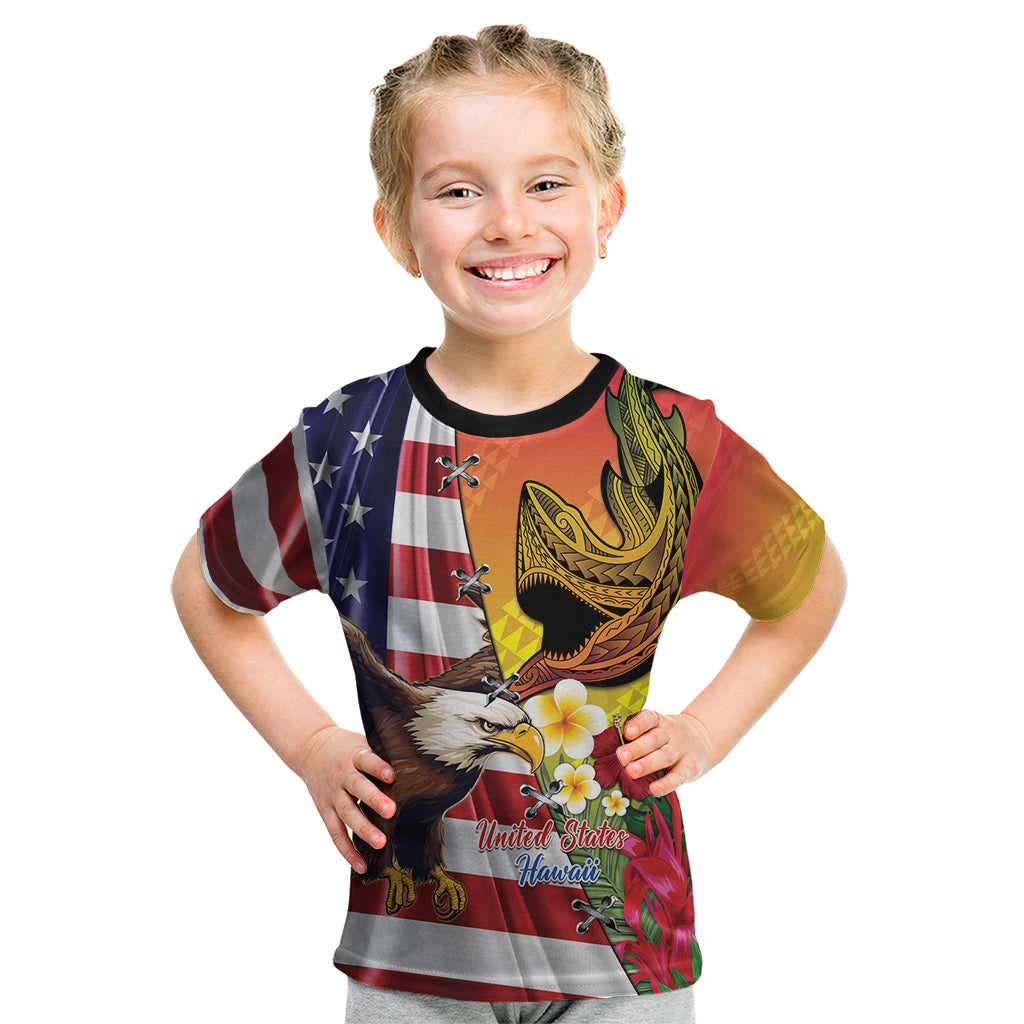 Personalised United States And Hawaii Kid T Shirt USA Eagle With Hawaiian Shark Tattoo LT14 Red - Polynesian Pride