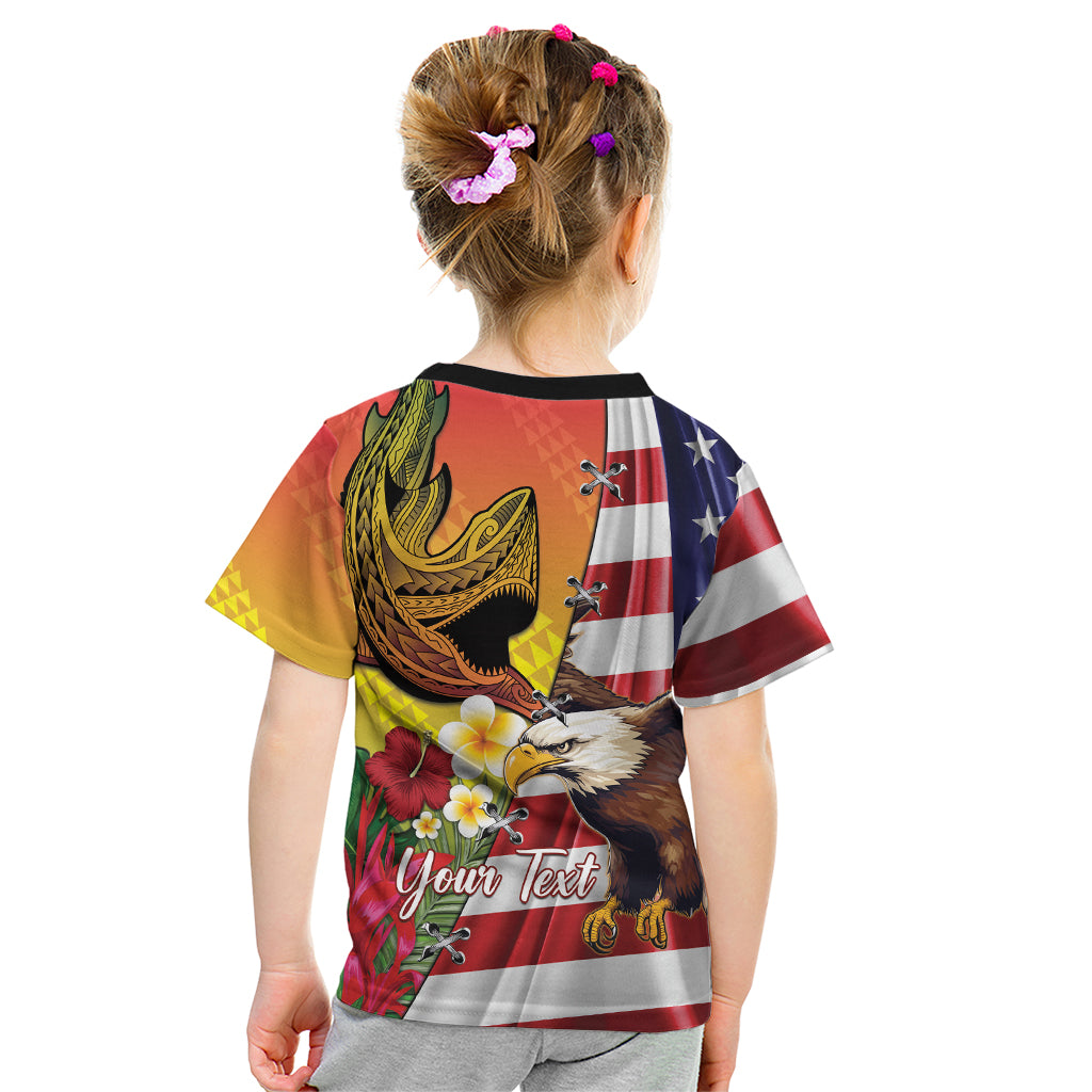 Personalised United States And Hawaii Kid T Shirt USA Eagle With Hawaiian Shark Tattoo LT14 - Polynesian Pride