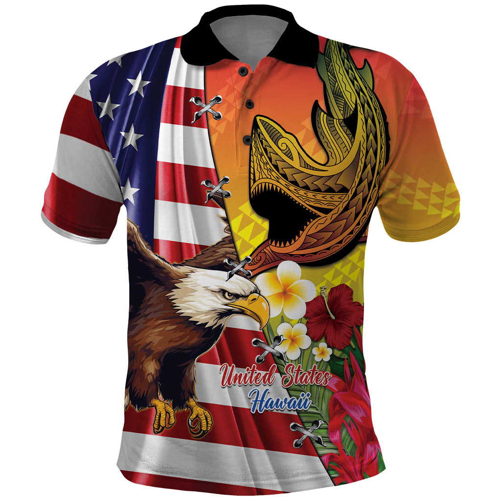 Personalised United States And Hawaii Polo Shirt USA Eagle With Hawaiian Shark Tattoo