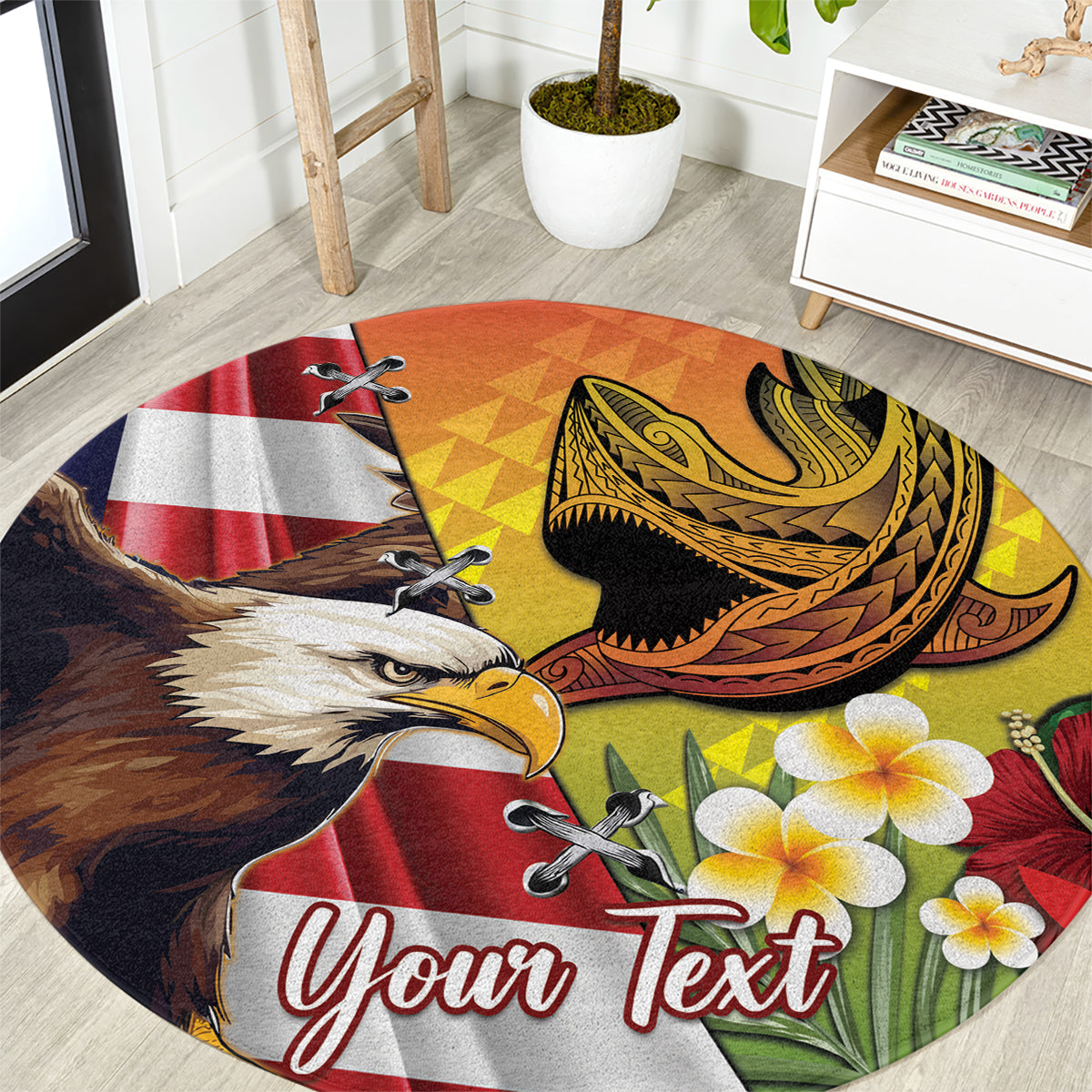 Personalised United States And Hawaii Round Carpet USA Eagle With Hawaiian Shark Tattoo LT14 Red - Polynesian Pride