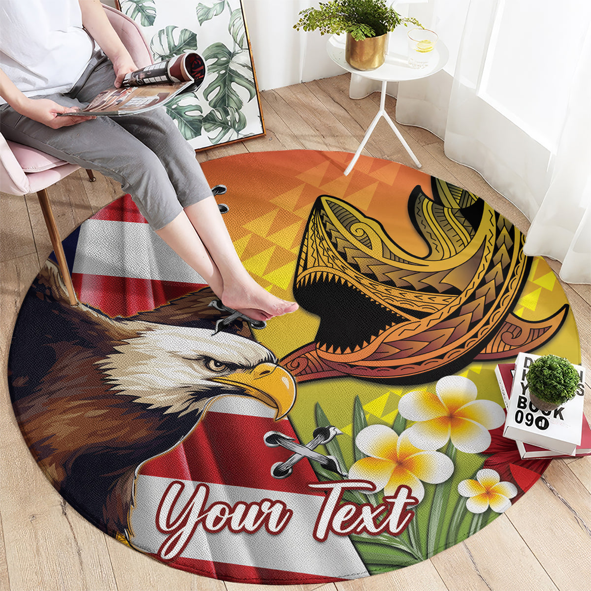 Personalised United States And Hawaii Round Carpet USA Eagle With Hawaiian Shark Tattoo LT14 - Polynesian Pride