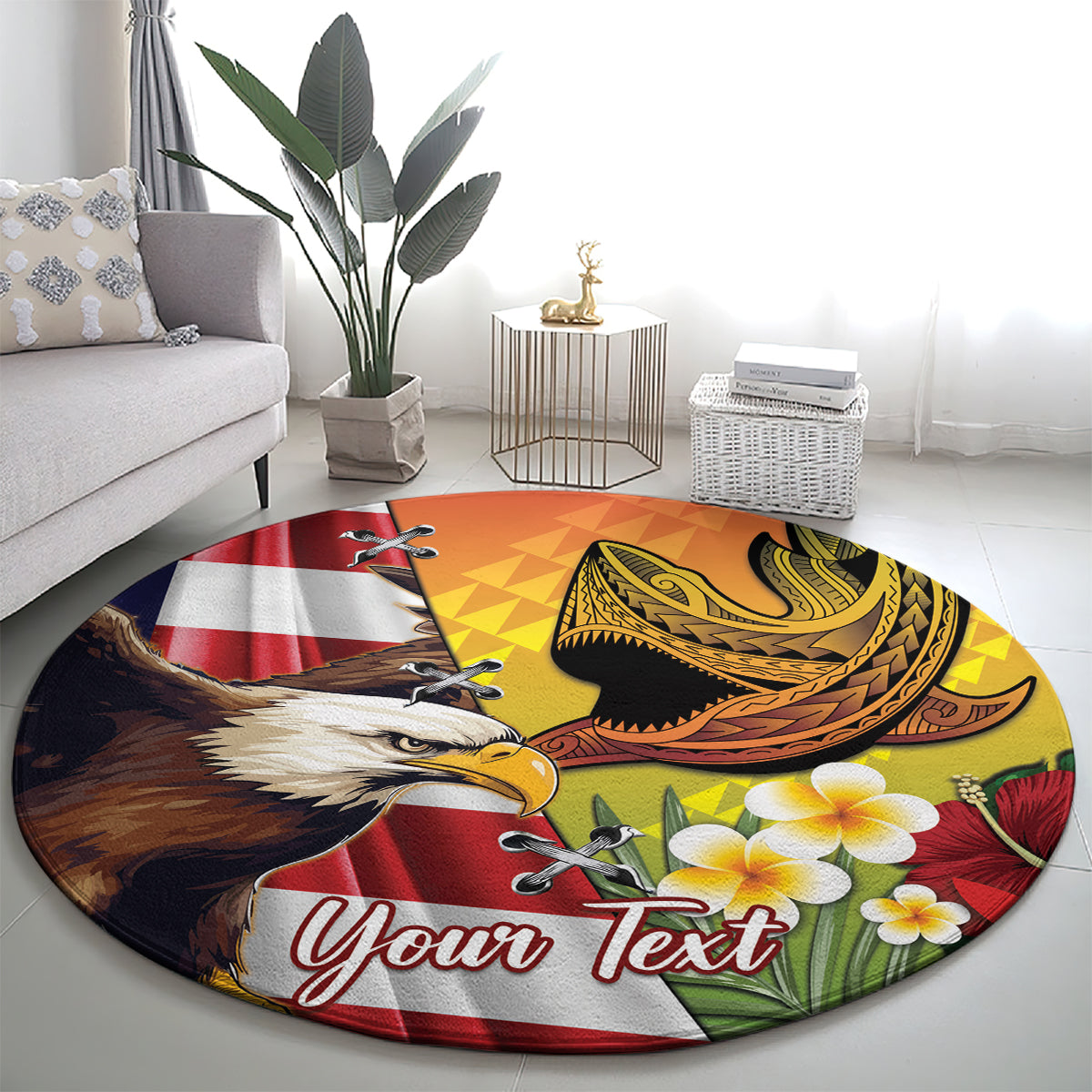 Personalised United States And Hawaii Round Carpet USA Eagle With Hawaiian Shark Tattoo LT14 - Polynesian Pride