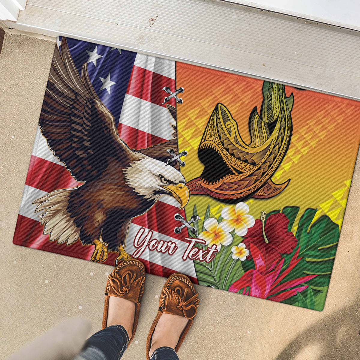 Personalised United States And Hawaii Rubber Doormat USA Eagle With Hawaiian Shark Tattoo LT14 - Polynesian Pride