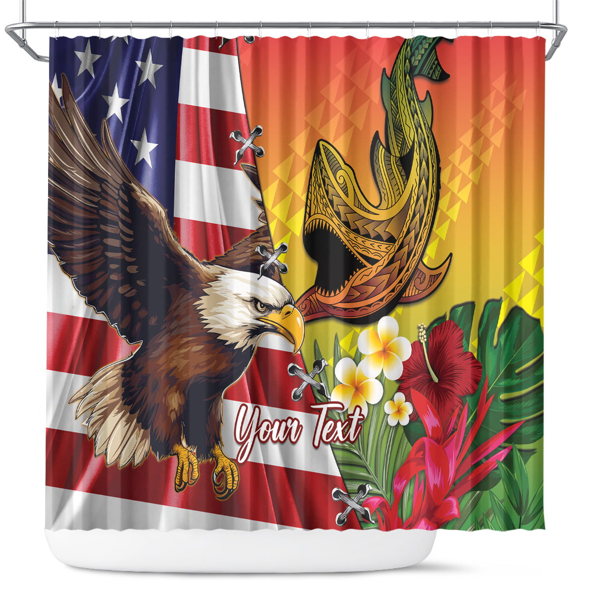 Personalised United States And Hawaii Shower Curtain USA Eagle With Hawaiian Shark Tattoo LT14 Red - Polynesian Pride