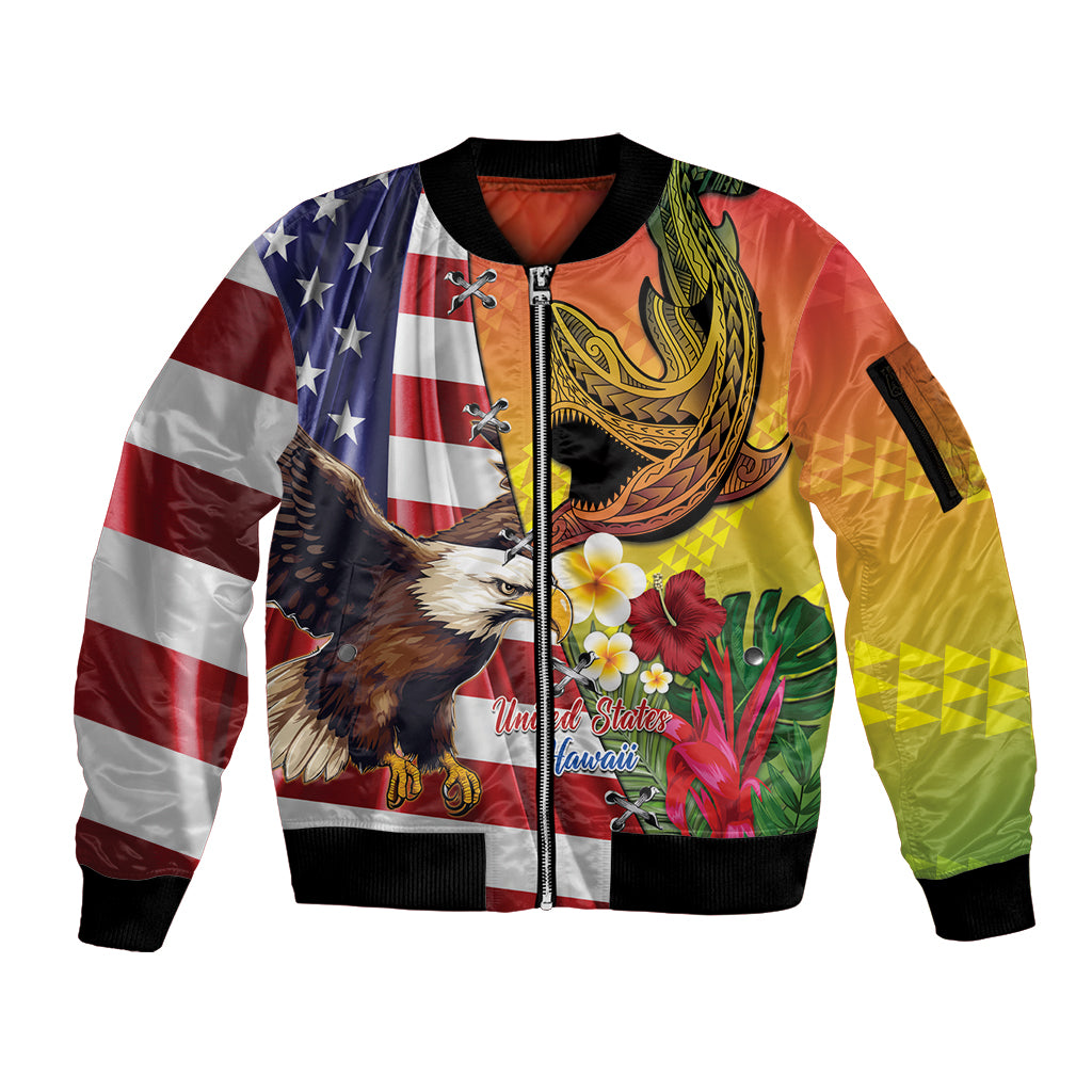 Personalised United States And Hawaii Sleeve Zip Bomber Jacket USA Eagle With Hawaiian Shark Tattoo LT14 Unisex Red - Polynesian Pride
