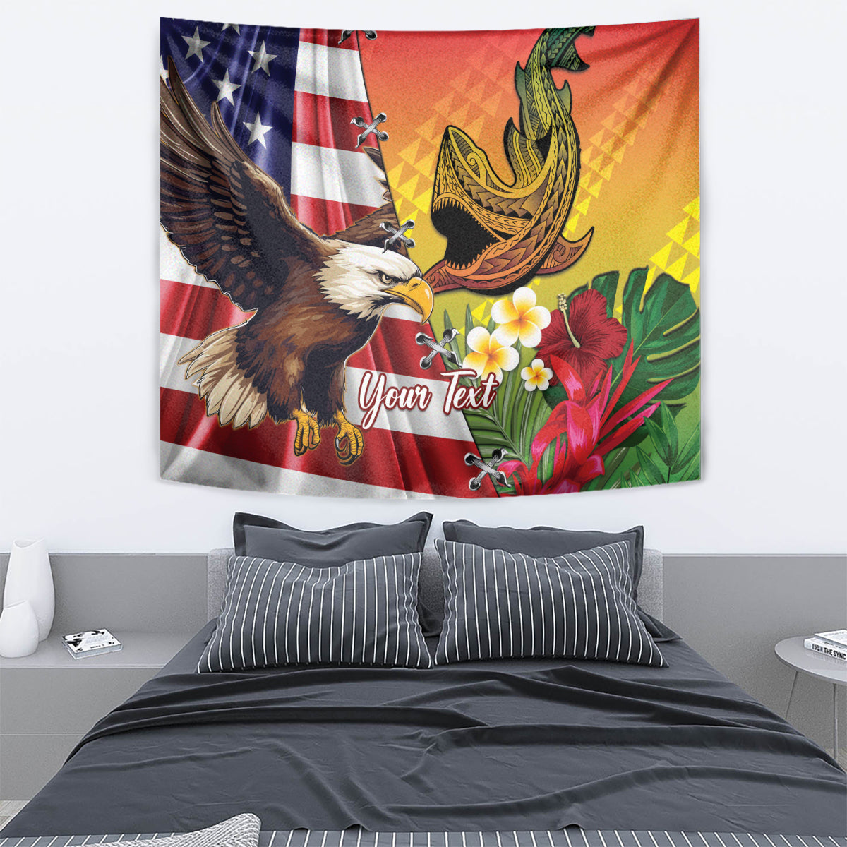 Personalised United States And Hawaii Tapestry USA Eagle With Hawaiian Shark Tattoo