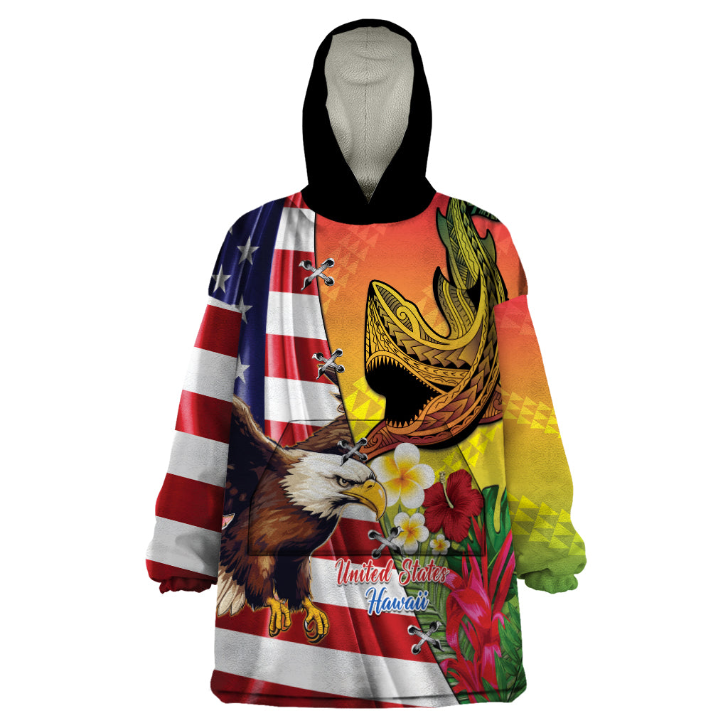 Personalised United States And Hawaii Wearable Blanket Hoodie USA Eagle With Hawaiian Shark Tattoo LT14 One Size Red - Polynesian Pride