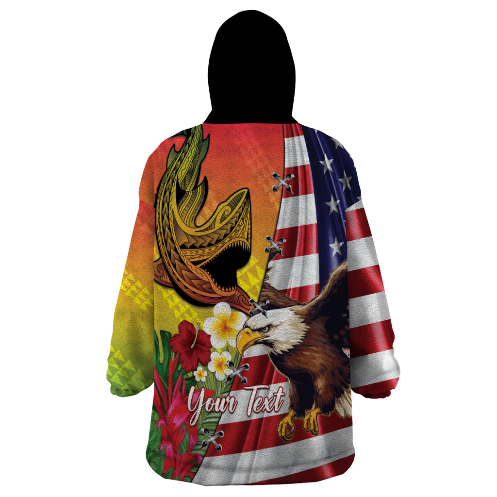 Personalised United States And Hawaii Wearable Blanket Hoodie USA Eagle With Hawaiian Shark Tattoo