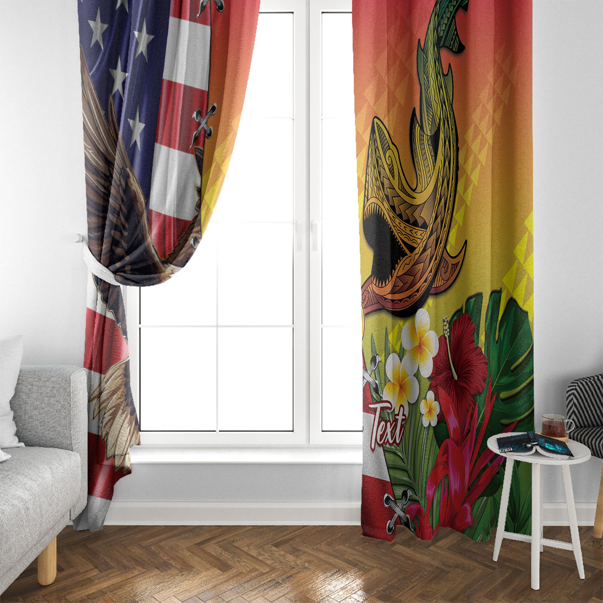 Personalised United States And Hawaii Window Curtain USA Eagle With Hawaiian Shark Tattoo LT14 - Polynesian Pride