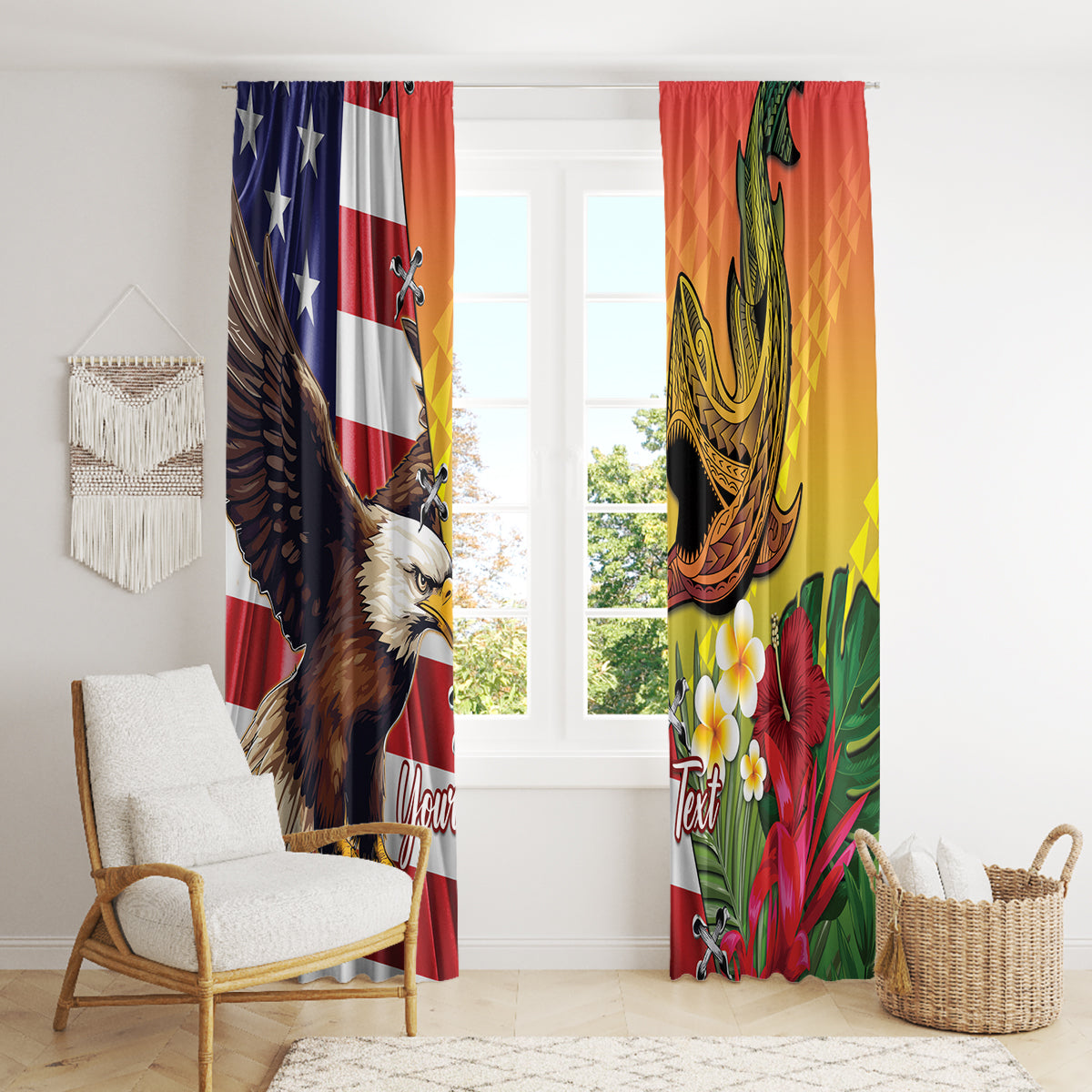 Personalised United States And Hawaii Window Curtain USA Eagle With Hawaiian Shark Tattoo LT14 - Polynesian Pride