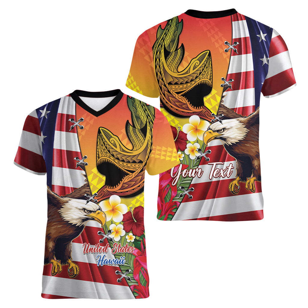 Personalised United States And Hawaii Women V Neck T Shirt USA Eagle With Hawaiian Shark Tattoo