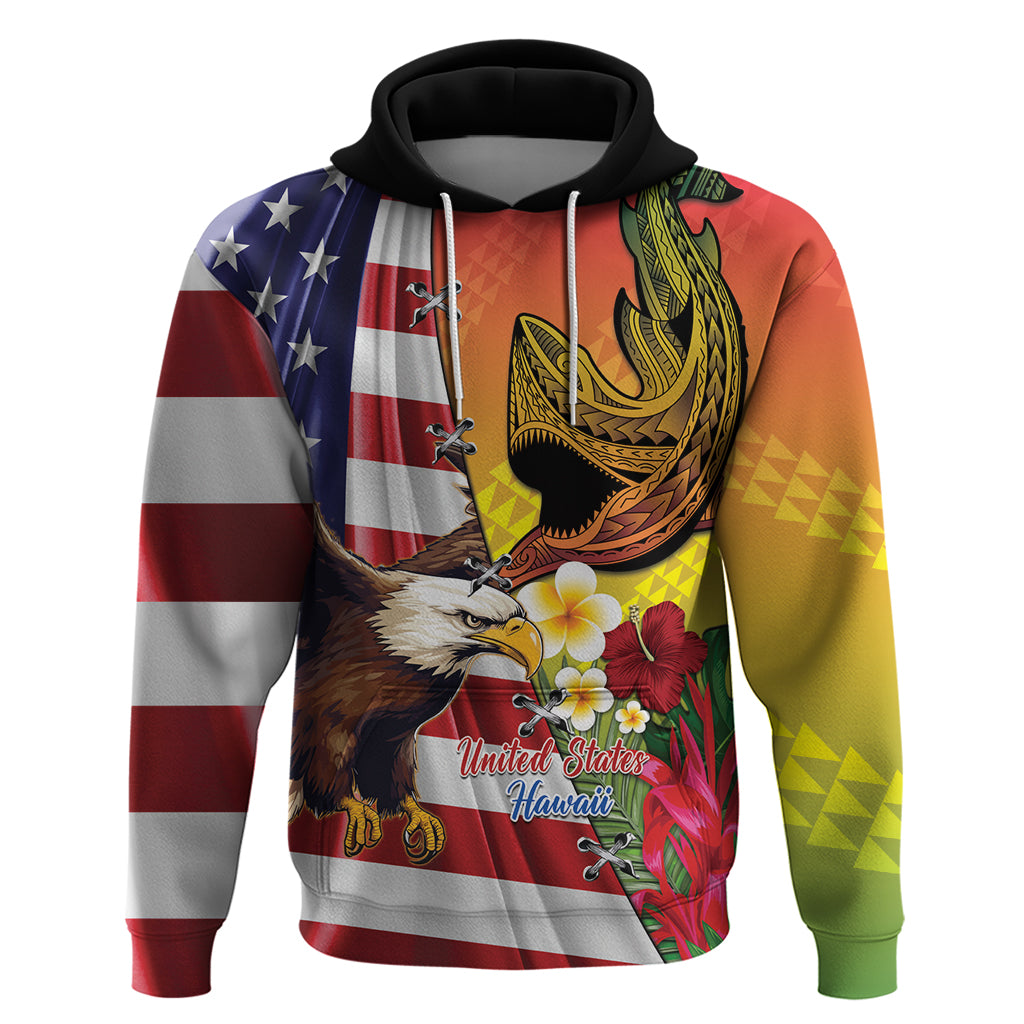 Personalised United States And Hawaii Zip Hoodie USA Eagle With Hawaiian Shark Tattoo