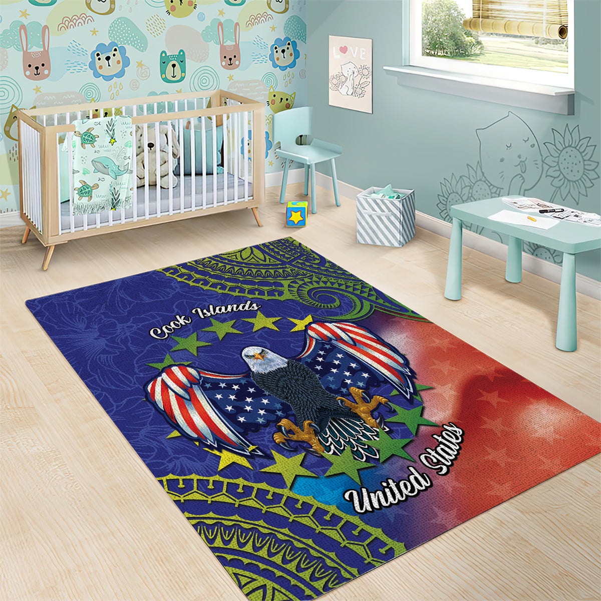 Personalised United States And Cook Islands Area Rug USA Eagle Mix Polynesian Pattern