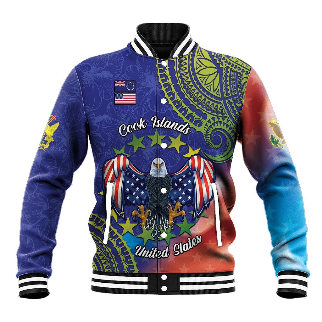 Personalised United States And Cook Islands Baseball Jacket USA Eagle Mix Polynesian Pattern