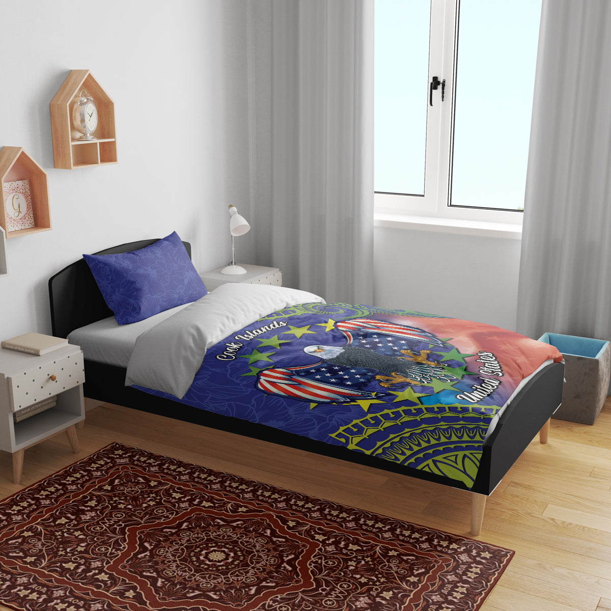 Personalised United States And Cook Islands Bedding Set USA Eagle Mix Polynesian Pattern