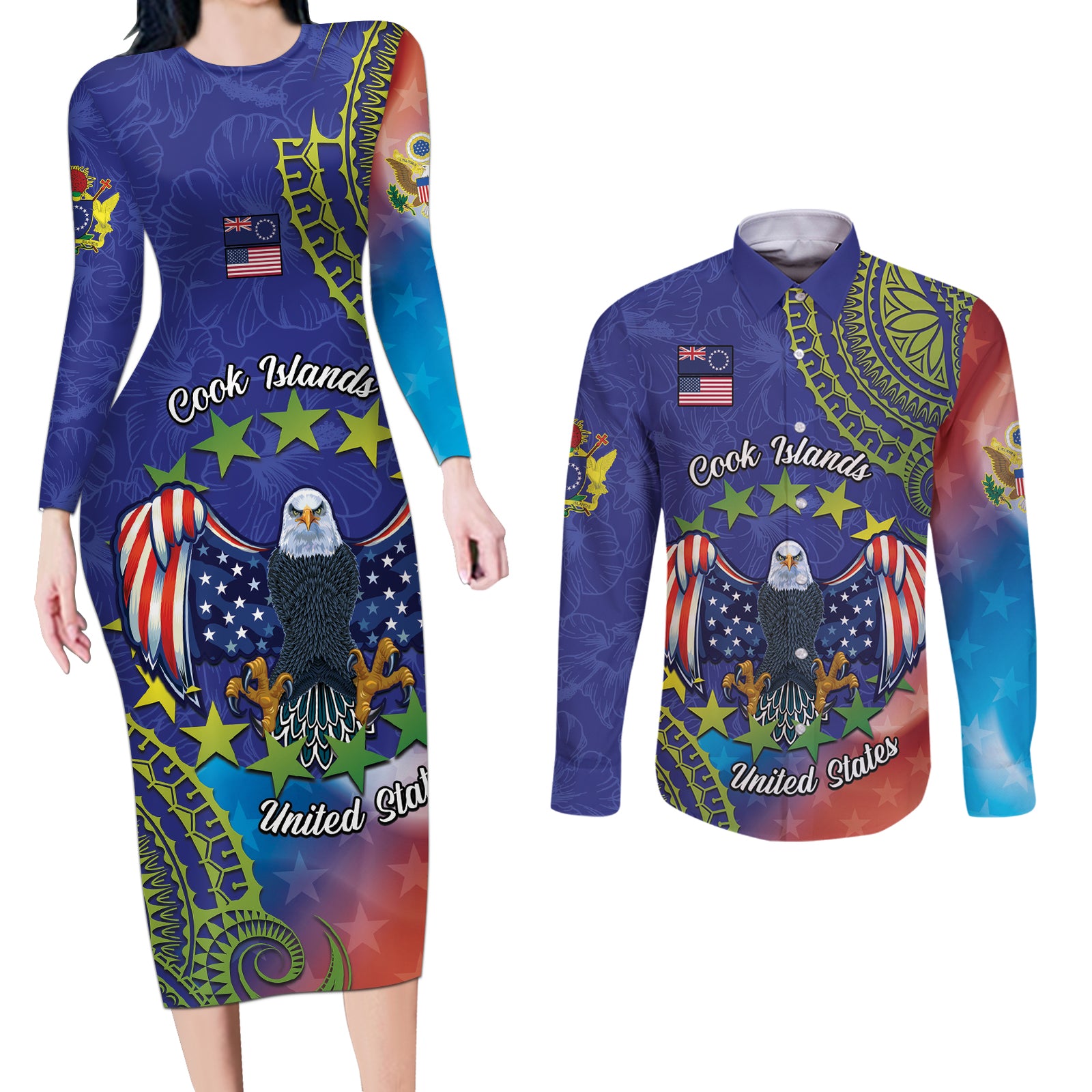 Personalised United States And Cook Islands Couples Matching Long Sleeve Bodycon Dress and Long Sleeve Button Shirt USA Eagle Mix Polynesian Pattern