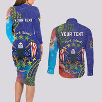 Personalised United States And Cook Islands Couples Matching Long Sleeve Bodycon Dress and Long Sleeve Button Shirt USA Eagle Mix Polynesian Pattern