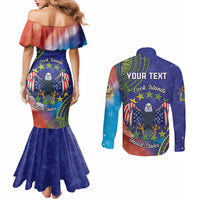 Personalised United States And Cook Islands Couples Matching Mermaid Dress and Long Sleeve Button Shirt USA Eagle Mix Polynesian Pattern