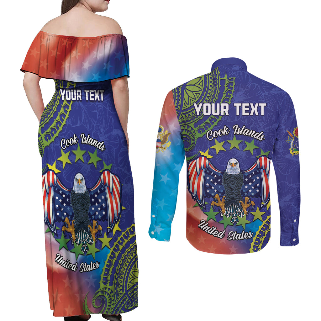 Personalised United States And Cook Islands Couples Matching Off Shoulder Maxi Dress and Long Sleeve Button Shirt USA Eagle Mix Polynesian Pattern